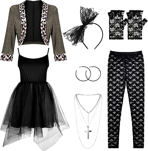 Set de Costume des Années 80 pour Femmes Robe Veste Bandeau Boucles d'Oreilles Collier Gants Legging en Dentelle (XL)