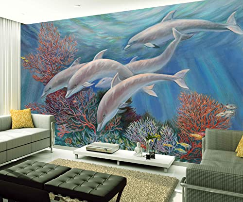 XAONUO Tier Wandbild 3D Fototapete Wandbild 400X280Cm Strand Tiere Delfine Aufkleber Selbstklebende Leinwand Für Schlafzimmer Wohnzimmer Tv Hintergrund Wanddekoration Wandbilder