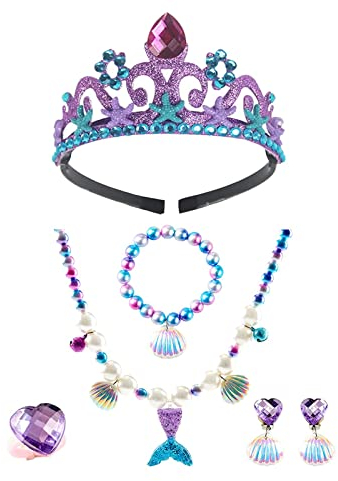 Aatpuss 6 Stücke Meerjungfrau Kinder Schmuckset Mädchen,Prinzessin Verkleiden Geschenk ,Meerjungfrau Krone, Halskette, Armband, Ring für Geburtstagsgeschenke,Meerjungfrauenflosse Mädchen Tasche