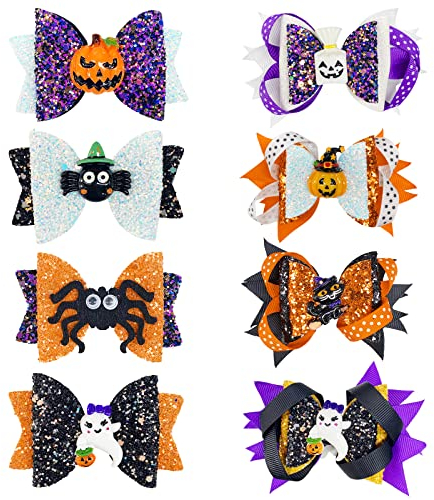 Tocwick 8Pcs Halloween Haarnadeln Handgefertigt Schleife Haarspangen Boutique-Clip Cartoon Fledermaus Geist Katze Zubehör Kopfschmuck für Halloween Party Süßes Goodies Bag Fillers