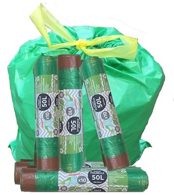 Lot 50 sacs poubelle 50 L, recyclé et 100% recyclable, avec lien coulissant, écologique, rigide étanche pratique, durable. Livré en 5 rouleaux de 10 sacs. Tri sélectif, recyclage éco-responsable.