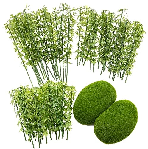 Woohome 60 PCS Bambou Arbres Modèle, 3 Taille Modèles en Bambou Arbres en Bambou en Plastique Vert, 2 PCS Mousse Artificielle Rocks Décoratifs pour DIY de Paysage Landscape