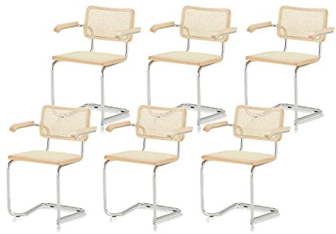 KHG 6er Set Schwingstühle Freischwinger mit Armlehnen Chrom - Rückenlehne und Sitzfläche aus Massivholz Buche und Rattan - Esszimmerstuhl, Küchenstuhl Design Stuhl mit Wiener Geflecht