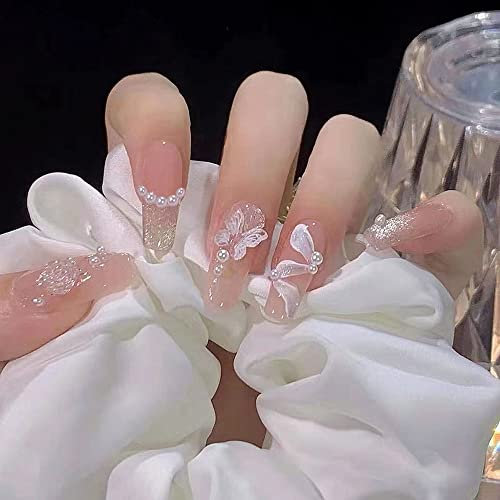 24PCS Long False Nails with Glue Stickers, Ballerina Full Cover Acrylic and Press on Nails no Glue,White Rose French Fake Nails Stick for Women and Girls Nail Art