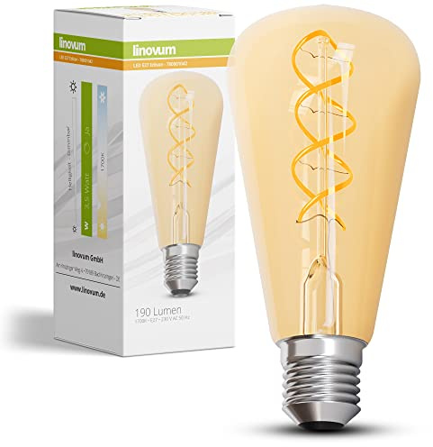 linovum LED Vintage Glühbirne E27 Edison ST64 3,5W extra warmweiß dimmbar | Dimmbare Filament-Lampe im Edison-Look - extra warmes Kerzenlicht 1700K, Tropfenform ST64, für Pendel- & Stehleuchten