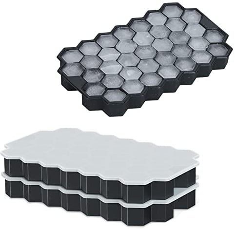 Ice Cube Tray With Lid, 2 Pcs Silicone Ice Cube Tray, Flexible Ice Cube Molds for Freezer, Small Ice Cube Trays, Each Makes 37 Grid Silicone Ice Cube for Chilled Drinks, Whiskey, Cocktail (2Pcs Black)