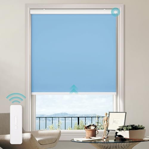 LazBlinds Motorized Roller Shades, Automatic Smart Blinds for Windows with Remote Control, 100% Blackout Cordless Roll up Shades for Windows Size 25 1/2'' W x 72'' H, Light Blue