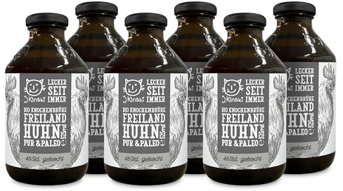 J.Kinski Bio Hühnerbrühe Pur & Paleo 6x 525ml – Freilandhuhn Knochenbrühe | Bone Broth reich an Kollagen & Aminosäuren – für Paleo & Ketogene Diät, ohne Geschmacksverstärker, 100% Bio