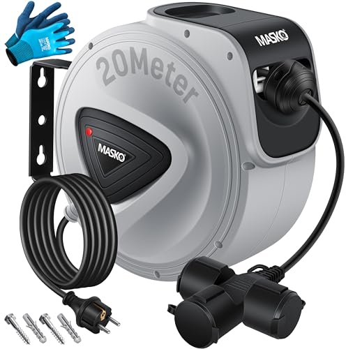 MASKO® Avvolgicavo automatico Cavo di prolunga con collegamento a 3 vie Ruotabile di 180° Cavo da 1,5 m Staffa a muro Avvolgicavo da officina Avvolgitore di corrente automatico Incl. guanti - 20 m