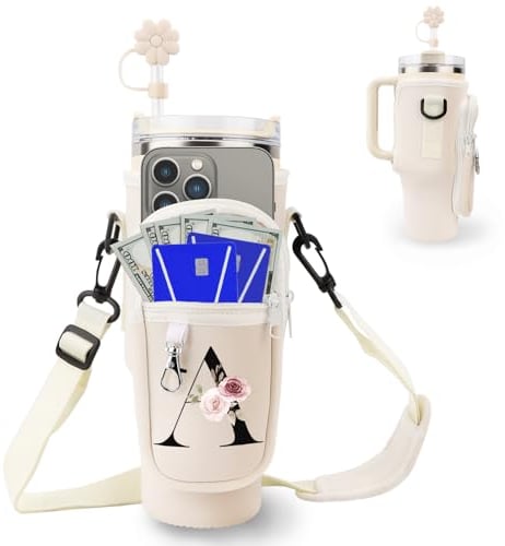 Initial Personalized Water Bottle Bag for Stanley 40oz Tumbler,with Phone Pocket,Neoprene Water Bottle Carrier with Adjustable Strap and Straw Cover & Carabiner,for Stanley Cup Accessories (A)