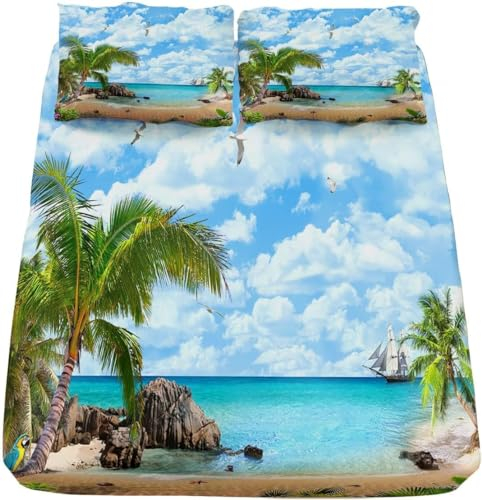 3D Tropisches Hawaii Spannbettlaken 180x200cm, Strand Weiches Mikrofaser Bettlaken für Erwachsene, Bettlaken Spannbetttuch 180x200 bis 30 cm Matratzenhöhe mit 2 kissenbezüge a2631