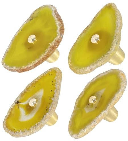 Mookaitedecor Set of 4 Yellow Agate Crystal Drawer Knobs with Screws, Irregular Yellow Crystal Stone Handles Pulls for Cupboard Cabinet Wardrobe Kitchen Unique Decorative Furniture Brass Knobs