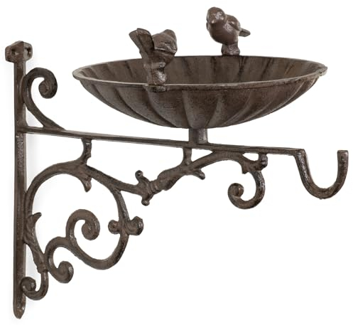 Moritz Vogeltränke Vogelbad Wandmontage hängend braun mit Zwei Vögeln auf der Schale 31cm Haken für Blumenampel Vogelbecken Wassertränke Garten