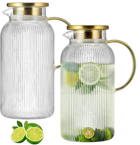 Buaic Glaskrug mit Deckel, 2,5 l, klassischer vertikaler Streifen, Wasserkaraffe für kaltgebrühte Getränke, Kaffee, Limonade, Eistee, Sonnentee, Getränke, hitzebeständig, 2 Stück