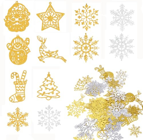 KINDPMA 54 pezzi Decorazioni natalizie decorazioni per albero di Natale Fiocchi di Neve Decorazione per Albero di Natale Babbo Natale, fiocchi di neve ornamenti da appendere con corda(oro, argento)