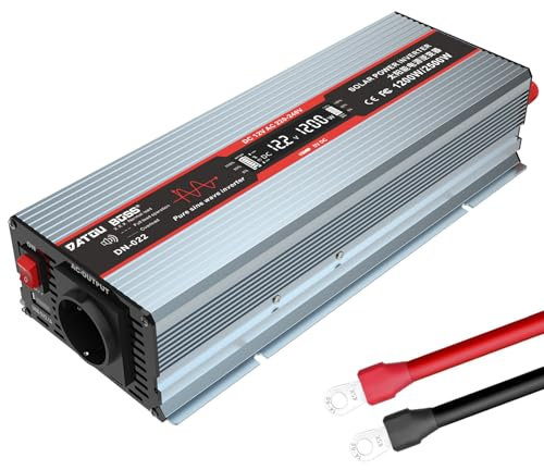 DATOUBOSS Wechselrichter 12V auf 230V Reiner Sinus Spannungswandler 1200W Inverter, Spitzenleistung 2500W mit EU Steckdosen, USB-Anschlüsse Und LED-Anzeige Für Haushaltsgeräte KFZ Wohnwagen LKW,Grau