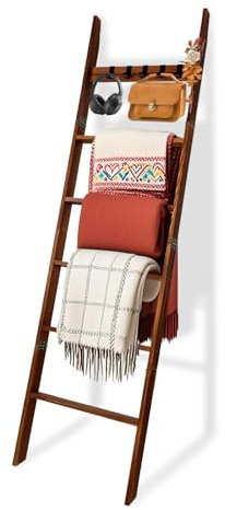 Deckenleiter aus Holz mit abnehmbaren Haken, 6 Ebenen, rustikale Deckenablage, Deckenleiter für Wohnzimmer und Schlafzimmer, einfache Montage, perfekt zum Präsentieren von Decken und Schals, Braun