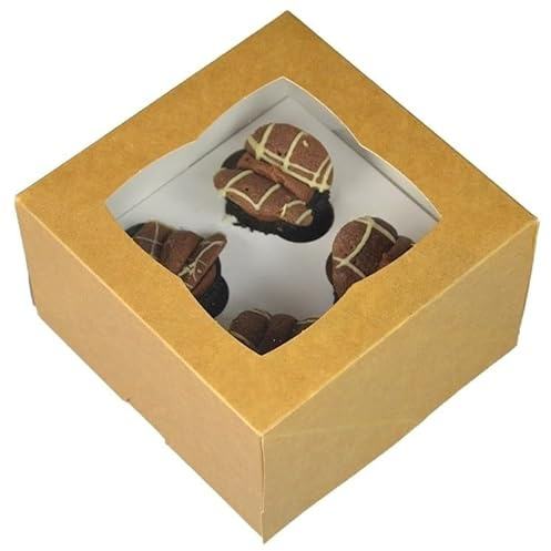 LARRYROO Kraft Brown Windowed MINI Cupcake Box | 4 Cavity | Mini Cup Cake Boxes & inserts (1)