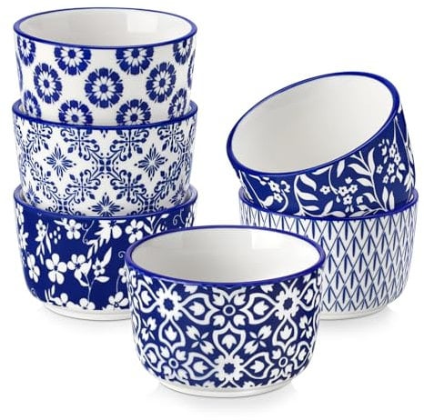 vancasso 4oz Small Ramekins Set of 6 – Ceramic Dipping Bowls, Baking Cups for Microwave & Desserts | Dishwasher Safe, Handmade Blue Floral Design