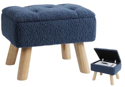 LIANTRAL Kleiner Fußhocker Ottomane mit Stauraum, Fußhocker aus Kunstteddyfell mit Holzbeinen, rechteckiger Ottoman mit gepolstertem Sitz für Wohnzimmer, Schlafzimmer,Eingangsbereich,Büro - Dunkelblau