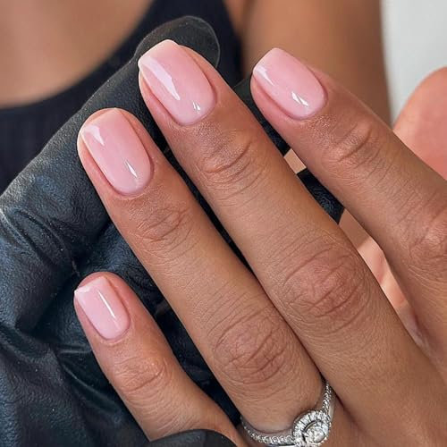 24Pcs Square False Nails Short - French Pink Tip Nude Press on Nails Solid Colour - Removable Glue on Fake Fingernails Acrylic Full Cover Artificial Stick on Nails for Women Girls Nail Art