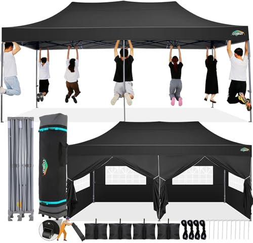 COBIZI Carpa Plegable 3x6 con Pared Lateral,Impermeable Carpa Plegable,Carpas para Exteriores Pergola,Cenadores para Jardin Fiesta Camping Playa (3 por 6m Negro)