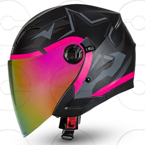 CRUIZER Casco moto jet omologato STAR Nero Rosa doppia visiera trasparente sole (S)