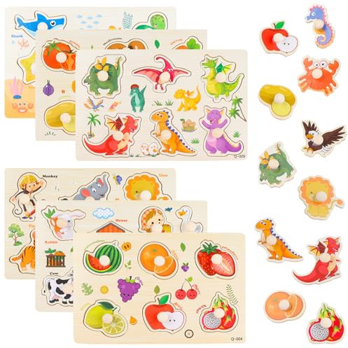 NewZC 6 Themen Greifpuzzle Holz Set Montessori Pädagogisches Holzpuzzle mit Griff Lern Steckpuzzle für Mädchen Jungen - Obst Gemüse Bauernhof Dinosaurier Wald Meerestiere
