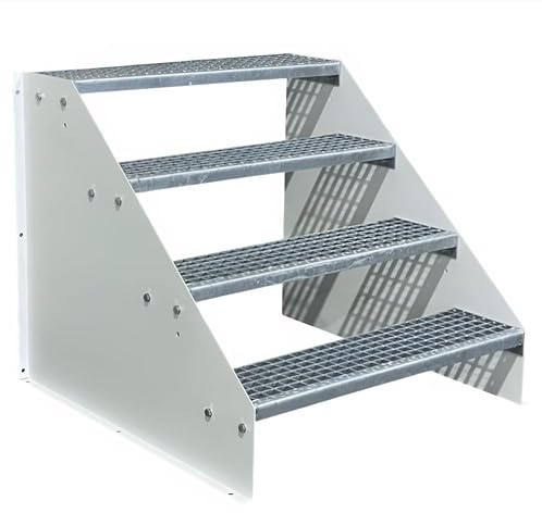 SRM Design 4 Stufen Standtreppe Stahltreppe Wangentreppe Gitterrosttreppe Außentreppe Industrietreppe freistehend Breite 100 cm Höhe 84 cm Weiß ohne Geländer