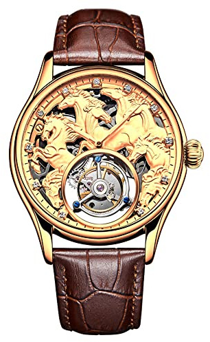 JDLERMY Echte Tourbillon Mechanische Handaufzug Vintage Uhr Herren Skelett Diamant Zifferblatt Armbanduhr Saphir Doppelseitig Hohluhr Chinesisches Sternzeichen Pferde Muster Bedeutung Erfolg Helle