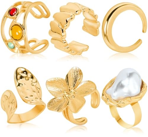 CHONGQILAO Gold Ringe Set für Damen, 6 Stück Stapelbare Ringe Gold, Verstellbarer Offener Ring Barock, Unregelmäßiger Perlenring, Diamant Ring Vintage für Jahrestag