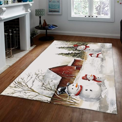 UERWOWELL Christmas Theme Thin Carpets Pine Trees Snowman Farm Barn Landscape Floor Rug for Living Room Kitchen Hallway Washable Non Slip 180x340cm