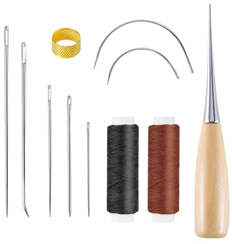 11Pcs Leather Sewing Kit, Leather Working Tools with Waxed Thread, Straight Curved Needles, Awl and Thimble for DIY Sewing, Upholstery Sewing Kit for Sofas Purses Handbags Shoes
