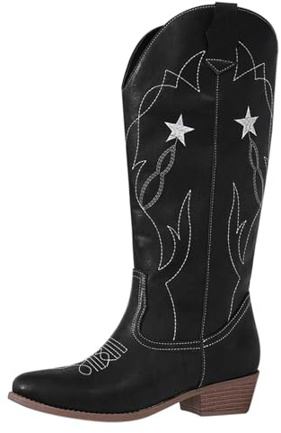 HOOUDO Stivali Invernali Donna,Stivali Indianini Donna Invernali Bianchi Eleganti Cowboy Scarpe di Media Altezza Cowboy Stivaletto con tacco a blocco Texani Stivaletti Con Fibbie Anfibi