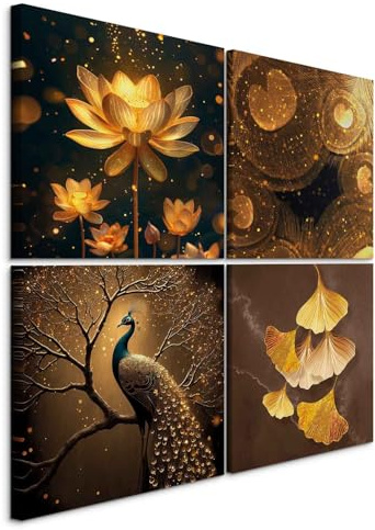 murando - Wandbilder Set Pfau & Lotus Gold Eleganz 60x60 cm 4 Teilig je 30x30 cm Collage 4er Mehrteiligen Gemälden Leinwandbild Kunstdrucke - Leinwand Bilder Dekoration Wanddekoration p-C-10031-b-a