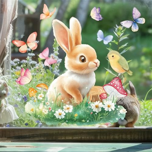 Fensterbilder Ostern Deko Fensterbilder Osterhase und Ostereier Fensteraufkleber Selbstklebend Fenstersticker PVC Aufkleber für Fensterdeko (F)