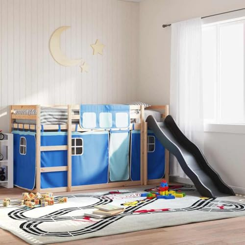Tonture Etagenbett mit Rutsche und Vorhängen, Massivholz Kiefer, 80x200 cm, Anthrazit-Blau, Kinderhochbett mit Absturzsicherung, Spielturm für Kinderzimmer