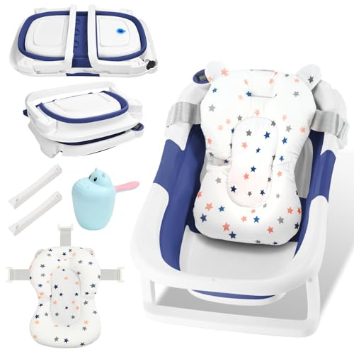 Peviasot Babywanne faltbar Babybadewanne Baby Wanne, platzsparende doppelt faltbare Badewanne mit Badekissen, Anti-Rutsch-Design, Temperaturanzeige Wasserstopfen, stabil Blau