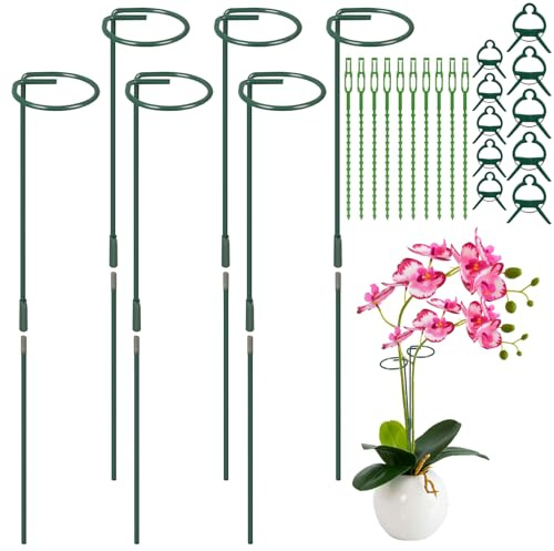 Adiwo Lot de 6 Piquets de Support pour Plantes, 6 Tuteurs pour Plantes en Métal 30 cm, 6 Rallonges 30 cm, avc 10 Clips et 10 Serre-câbles pour Orchidées, Pivoines, Tuteur Tomates Plante Grimpantes