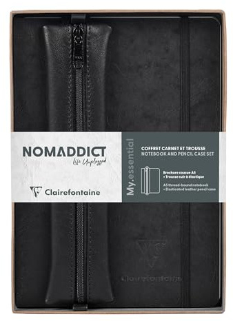 Clairefontaine 793438C - Set Nomaddict mit Notizbuch A5 My.essential DOT und Federmäppchen Schwarz, 1 Set