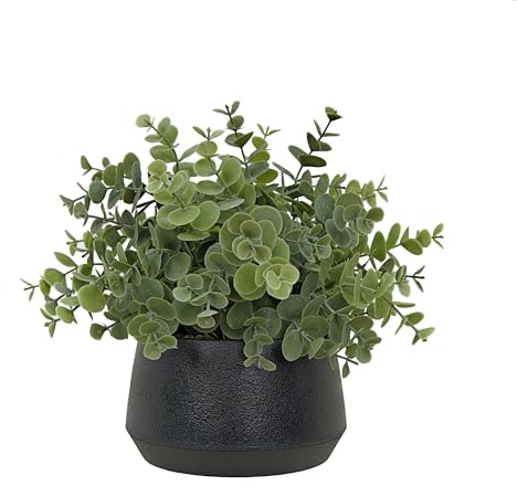 365 Blooming Decor Artificial Eucalyptus Plant–10.2x11.4 Luxury Faux Potted Greenery in Black Textured Pot with Real Pebbles, Premium Material, No Assembly, Farmhouse, Coffee Table, Bathroom Decor//