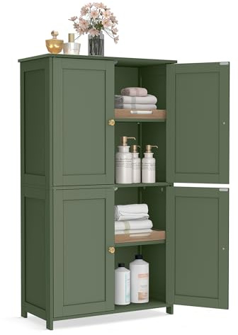 VASAGLE Mueble de Baño, Armario de Almacenaje, con 2 Estantes Regulables y 4 Puertas, Mueble Alto para Cocina, Verde Bosque BBC553CH01
