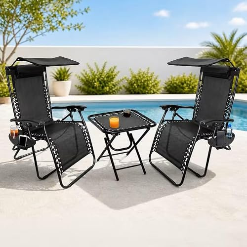 Sun Lounger Set, 3-Piece, Black, Folding Reclining Chairs with Rotating Canopy, Cup Holder, Phone Tray and Table