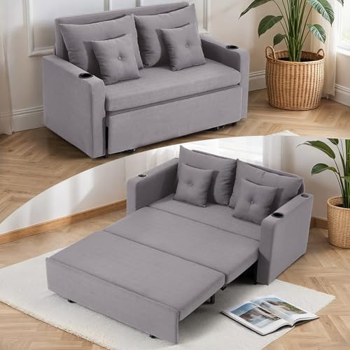 MELLCOM Two Seater Sofa Bed,Pull Out Sleeper Sofas,Grey | 3 in 1 Couch with Cup Holders,USB,Magazine Bag,Lounge Chair for Living Room,Bedroom,Apartment