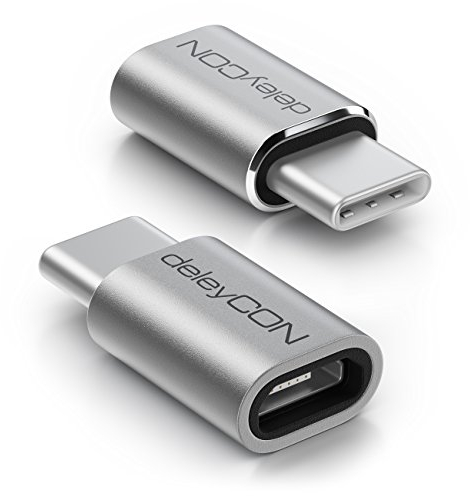 deleyCON 2 Stück USB-C Adapter aus Aluminium - Micro USB Buchse zu USB C Stecker - zum Laden & Synchronisieren für Apple Samsung Google Huawei Xiaomi Handy Smartphone Tablet Laptop - Silber