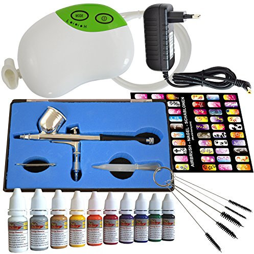 Set compressore professionale per aerografo Carry III con pistola per aerografo e set di colori e stencil per nail art – gun unico azione 130 D 0,3 ugello, bicchiere flessibile