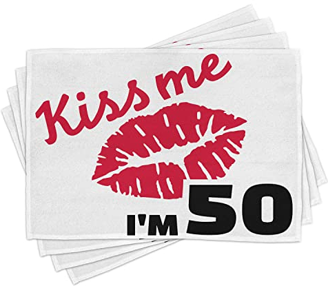 ABAKUHAUS 50. Geburtstag Platzmatten, Rote farbige attraktive Lippen Schablone Art Style Kiss Me ich Bin fünfzig Zitat, Untersetzer aus Waschbaren Stoff Tischdekoration mit Druck, Weiß Schwarz Rot