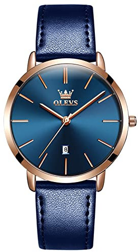 OLEVS Women Wrist Watches Ultra Thin 6.5mm Minimalist Business Dress Waterproof Date Blue Leather Blue Face Strap Slim Watches for Women