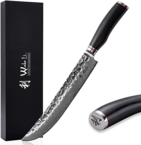 Wakoli EBO Premium Tranchiermesser mit 25 cm Klinge und Hammerschlag gefertigt aus 67 Lagen echtem Damaststahl mit schwarzem Eichenholzgriff I Damastmesser Küchenmesser und Profi Kochmesser
