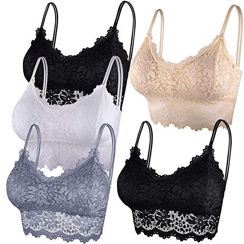 Duufin 5 Pièces Bralette en Dentelle avec Coussinets Amovibles Bralette pour Femme et Fille, 5 Couleurs,L-XL,Noir, Gris, Beige, Blanc